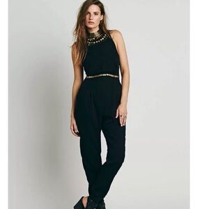 Free People Bohemian Soul Gold Coin Embellished Black Halter Neck Catsuit Size 4
